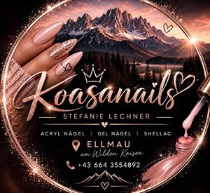 An elegant nail design with long, polished nails in front of a majestic mountain landscape. The inscription "Koasanails" and contact information are also clearly visible.