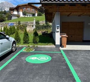 Een parkeerplaats met een groen elektrisch oplaadsymbool. Op de achtergrond zijn huizen en bomen te zien.