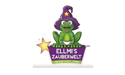 Een groene kikker met een toverhoed zit op een toverstok. Het logo behoort tot "Ellmi's Toverwereld" en biedt een magische ervaring.