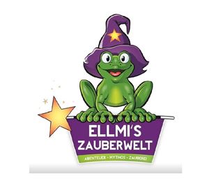 Een groene kikker met een toverstaf zit op een toverstok. Het logo behoort tot "Ellmi's Toverwereld" en straalt een magische ervaring uit.
