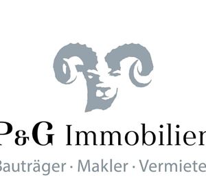 Een logo van P&G Vastgoed met een gestileerd ramshoofd. Het toont de termen ontwikkelaar, makelaar en verhuurder.