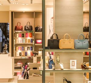 Een elegante winkel met een selectie handtassen en schoenen. De planken zijn stijlvol gepresenteerd en goed verlicht.