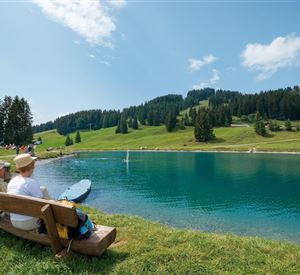 Ein ruhiger See umgeben von grünen Wiesen und Bäumen. Eine Person sitzt auf einer Bank und genießt die Aussicht.