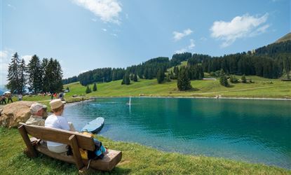 Ein ruhiger See umgeben von grünen Wiesen und Bäumen. Eine Person sitzt auf einer Bank und genießt die Aussicht.