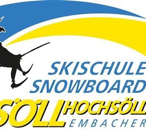 A logo of the ski and snowboard school in Söll. It shows a figure flying with a broom, surrounded by blue and yellow elements.
