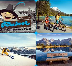 An inviting ski resort in Tyrol with a cheerful logo. At the top, you see cyclists by the lake; at the bottom, there are skiers in snow-covered mountains.