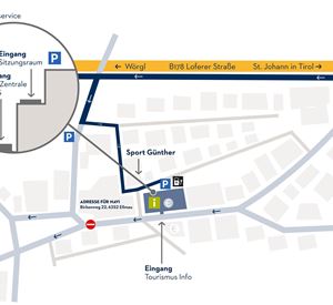 A map of the Wilder Kaiser area with marked entrances and important points. The overview shows the access routes and surrounding roads.