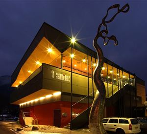 Ein modernes Gebäude mit spektakulärem Design bei Nacht. Vor der Fassade steht eine auffällige Skulptur.