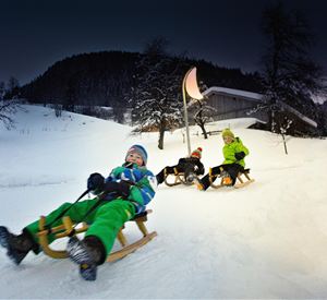 Three children are happily sledding down a snow-covered hill. In the background, a wooden house and trees can be seen.