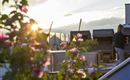 Eine schöne Dachterrasse mit blühenden Pflanzen und einem Sonnenuntergang im Hintergrund. Eine Person steht und genießt die Aussicht.