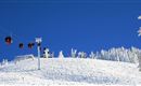 A snow-covered mountain landscape with a ski lift and blue sky. The surroundings are encircled by frosty trees.