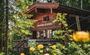 A cozy wooden cabin surrounded by trees and flowers. The cabin has large windows and an inviting porch.