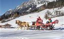 Eine Pferdeschlittenfahrt durch eine winterliche Landschaft mit schneebedeckten Feldern und Bergen im Hintergrund. Zwei Kinder sitzen im Schlitten und genießen die Fahrt.