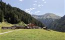 Eine malerische Berghütte umgeben von grünen Wiesen und hohen Bäumen. Im Hintergrund sind majestätische Berge und ein klarer blauer Himmel zu sehen.