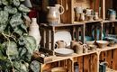 Eine stilvolle Regalwand aus Holzkisten mit verschiedenen Töpfen und Geschirr. Im Hintergrund sind grüne Pflanzen sichtbar, die eine gemütliche Atmosphäre schaffen.