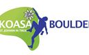Ein Logo von KOASA BOULDER, das einen Kletterer zeigt, der an einem Boulderstein klettert. Das Design umfasst grüne und blaue Farben sowie eine Alpenblume.