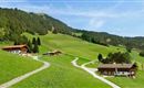 A green landscape with gentle hills and some traditional wooden houses. In the background, forests can be seen and the sky is clear and blue.