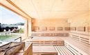 Een lichte sauna met houten bouwelementen en grote ramen. Buiten is er uitzicht op een tuin met watergebied.