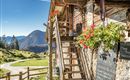 A picturesque mountain cabin with blooming flowers and a wooden staircase. In the background, green meadows and mountains can be seen under a clear blue sky.
