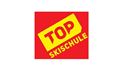 Een rood-geel logo met de tekst "TOP SKISCHULE". Het straalt de boodschap uit van een hoogkwalitatieve skischool.