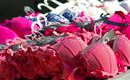 A selection of colorful bras in various sizes. The colors range from pink to blue, carefully lined up next to each other.