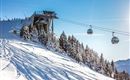 A ski lift station in the mountains, surrounded by snow-covered trees. In the background, gondolas glide over the snowy slope.
