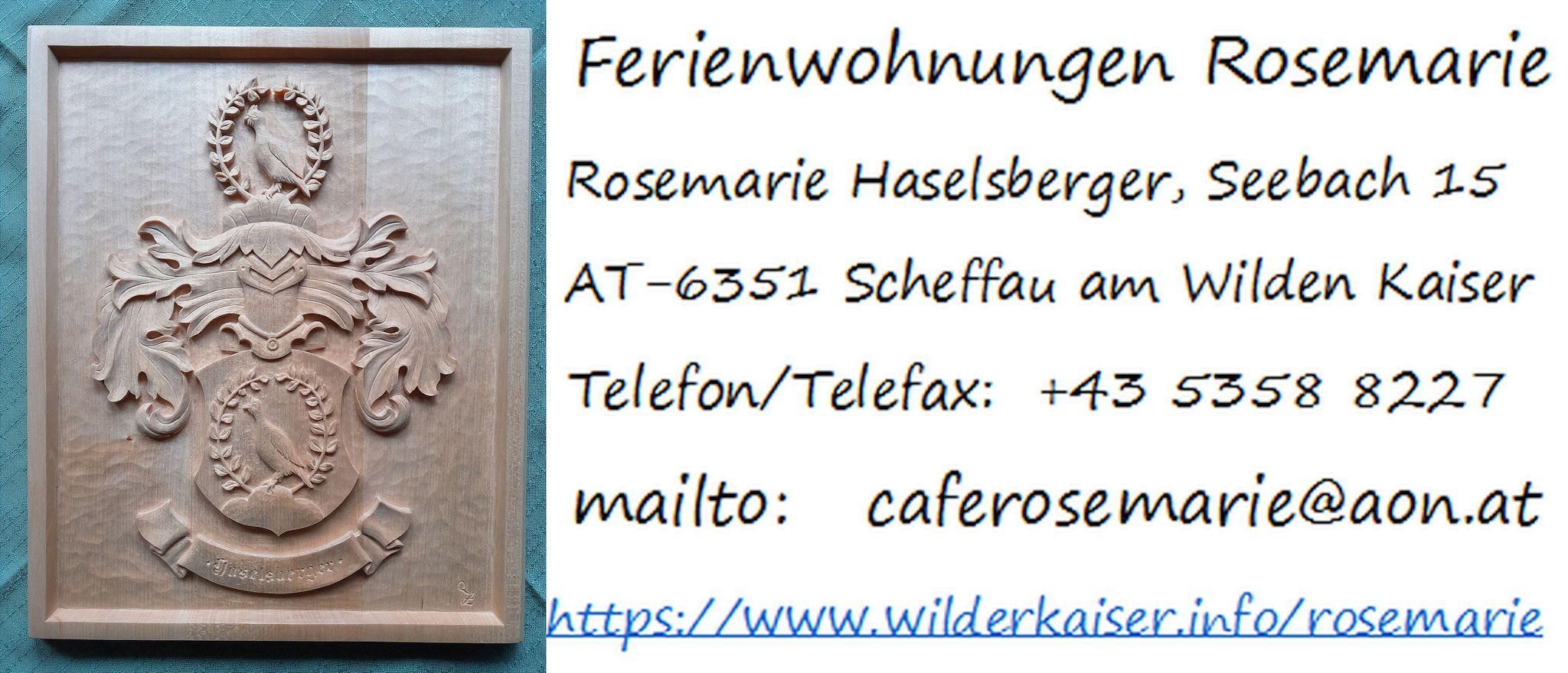 Een bord voor vakantieappartementen genaamd Rosemarie. Het toont het adres en contactgegevens evenals een wapen.