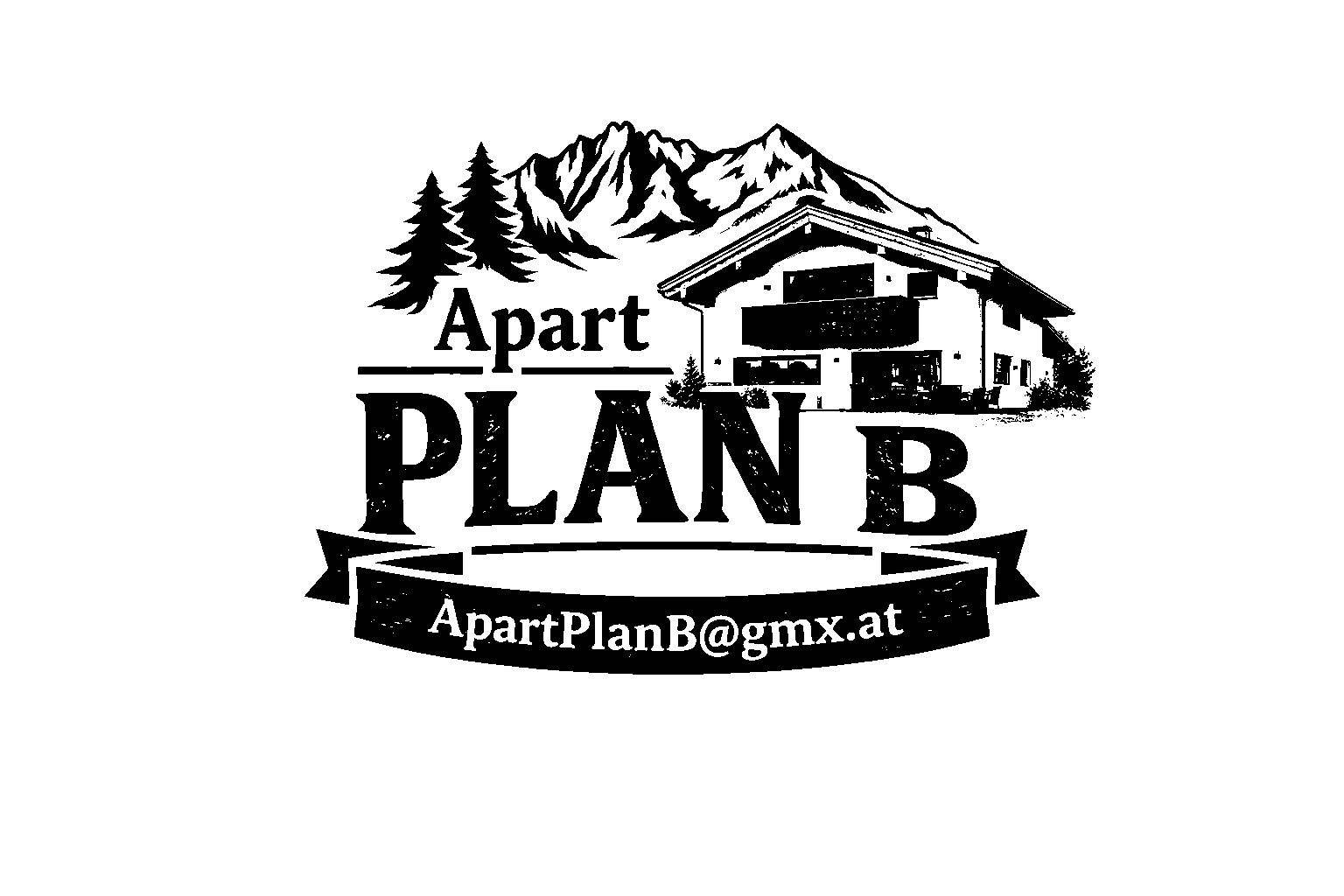 Ein Logo mit dem Namen "Apart Plan B". Es zeigt eine stilisierte Berglandschaft und ein Gebäude in einer rustikalen Schriftart.
