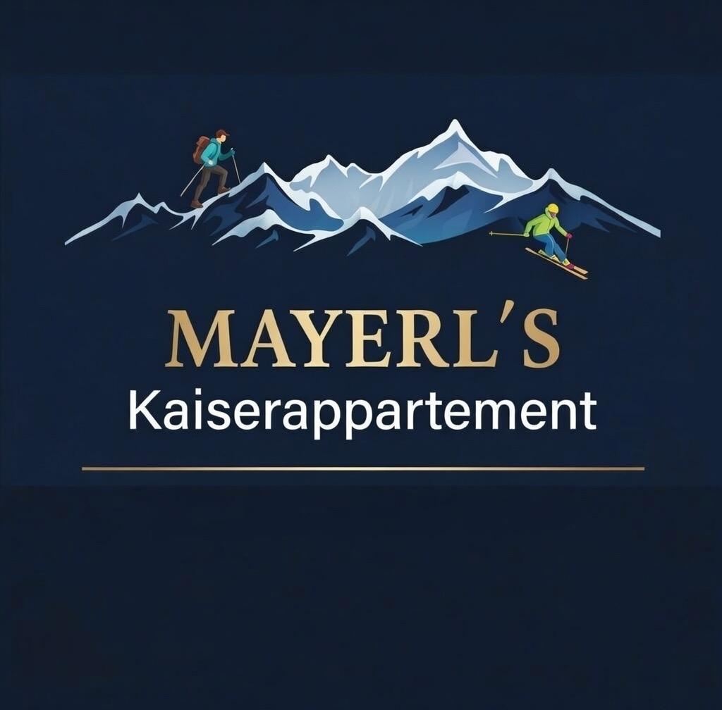 A logo for "MAYERL'S Kaiserappartement" featuring mountain motifs. Two people are depicted hiking and skiing.