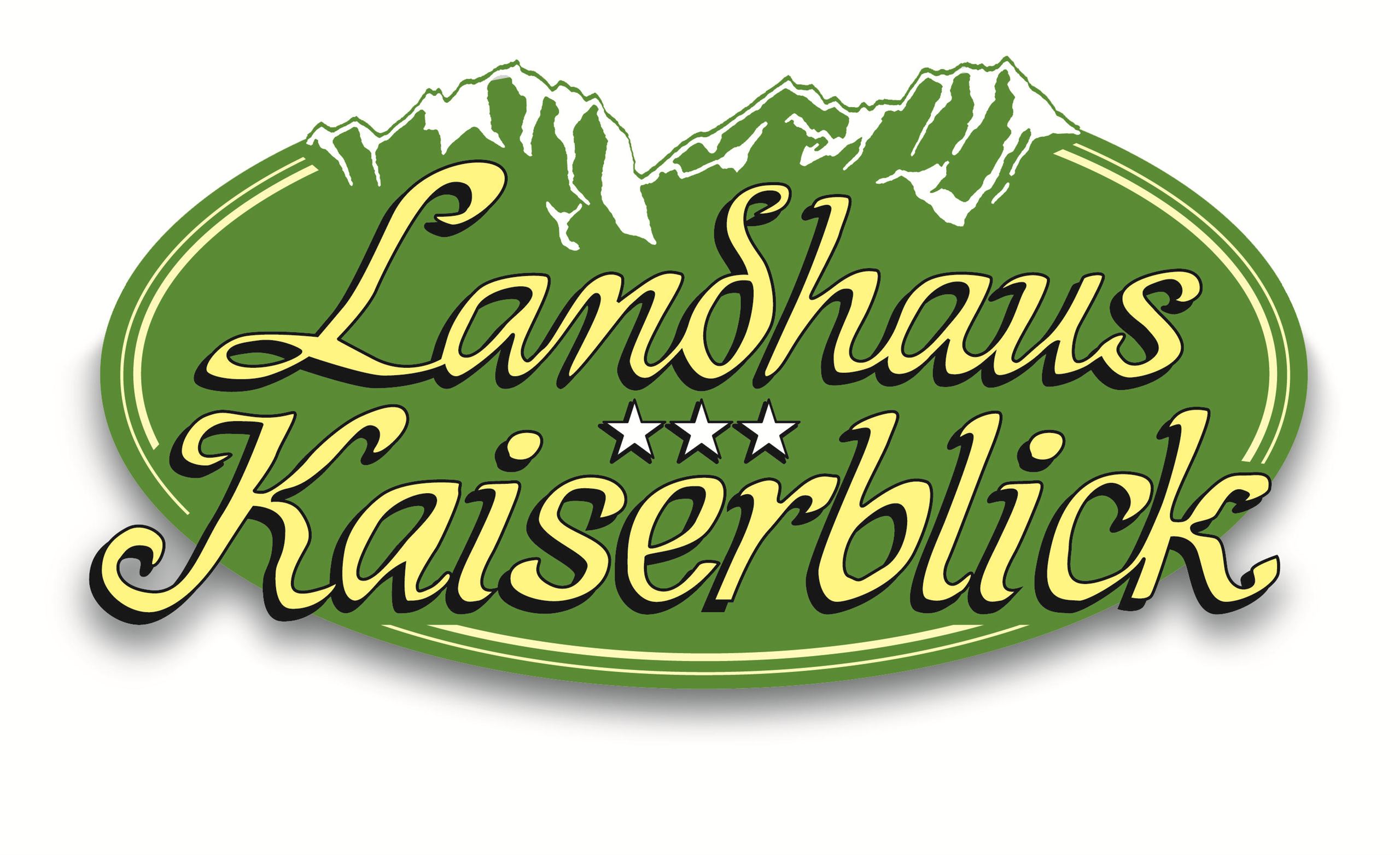 Ein Logo für das Landhaus Kaiserblick. Es zeigt den Namen in einer geschwungenen Schrift und ist von einer grünen Form mit Bergen im Hintergrund umgeben.