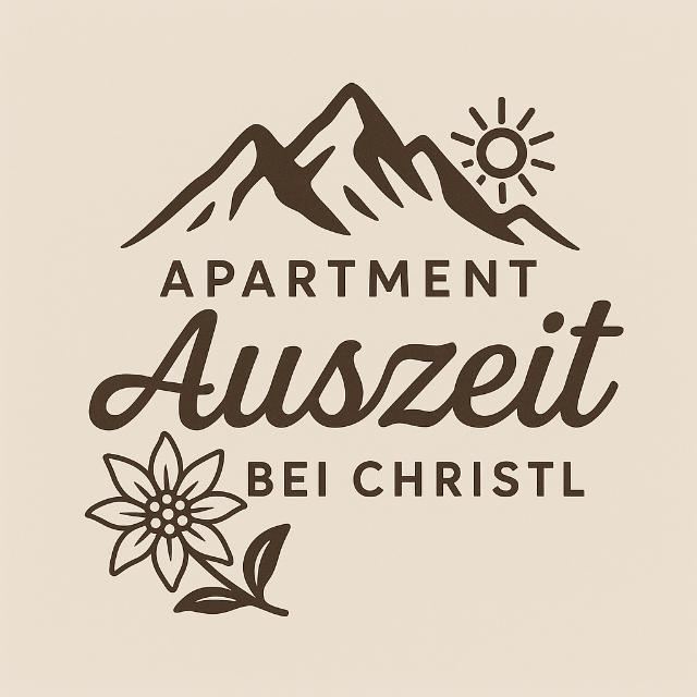 Ein Logo für das Apartment "Auszeit bei Christl". Es zeigt Berge, eine Sonne und eine Blume.