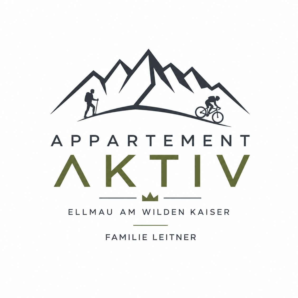 Ein Logo für "Appartement Aktiv" in Ellmau am Wilden Kaiser. Es zeigt stilisierte Berge mit einem Wanderer und einem Radfahrer.