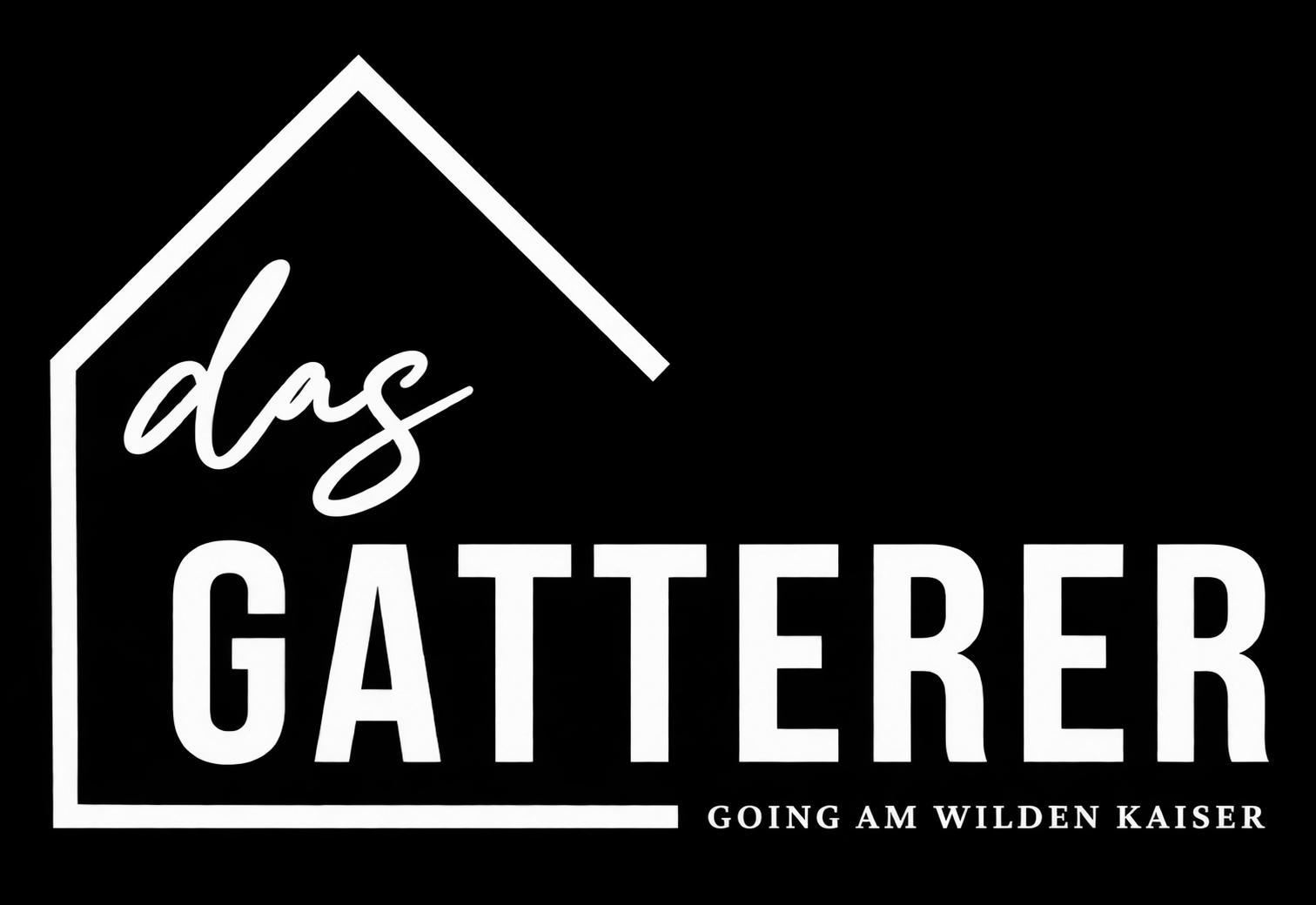 Ein modernes Logo mit dem Schriftzug "das Gatterer". Darunter steht "GOING AM WILDEN KAISER" auf schwarzem Hintergrund.