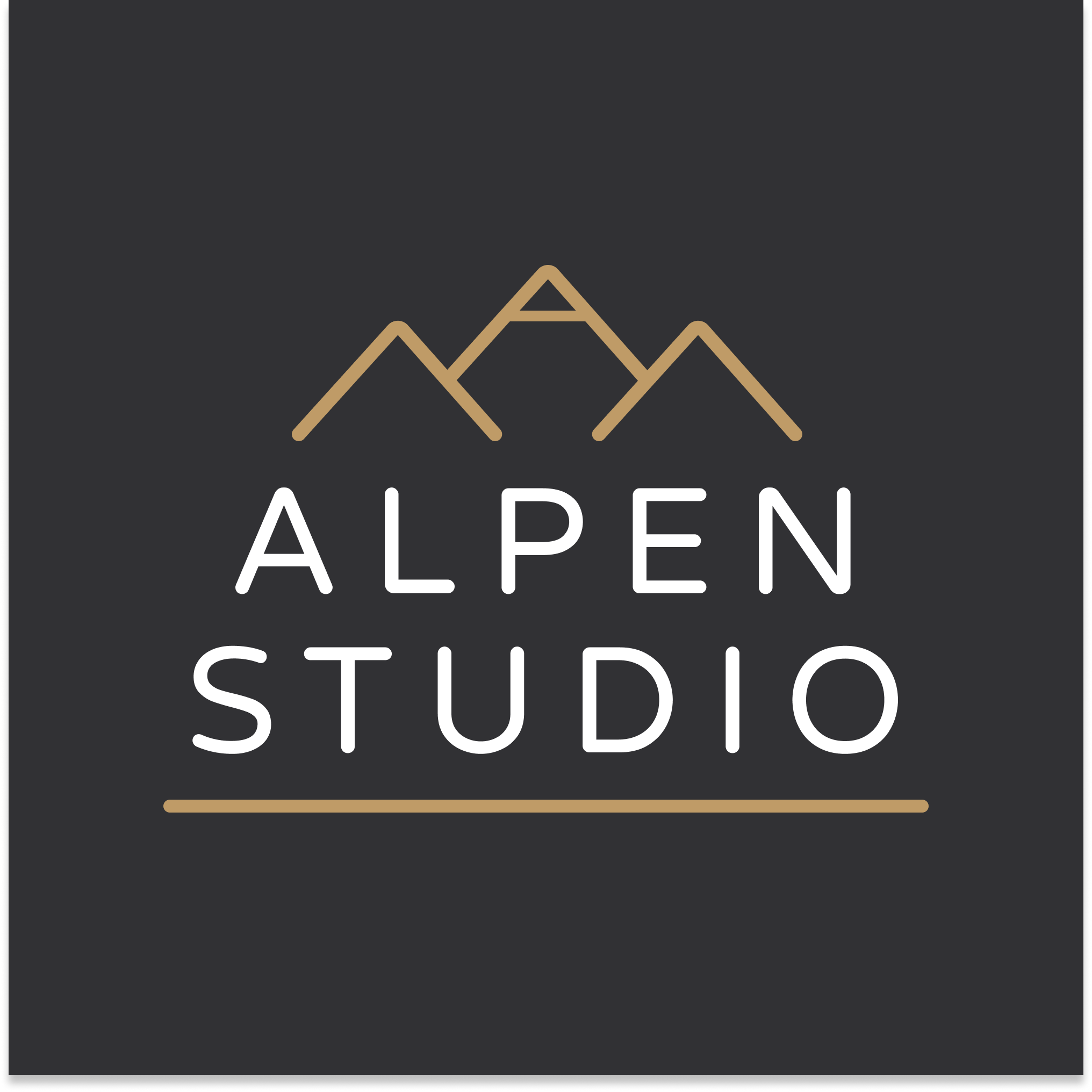 A simple logo with the text "ALPEN STUDIO". It features a stylized mountain silhouette on a dark background.