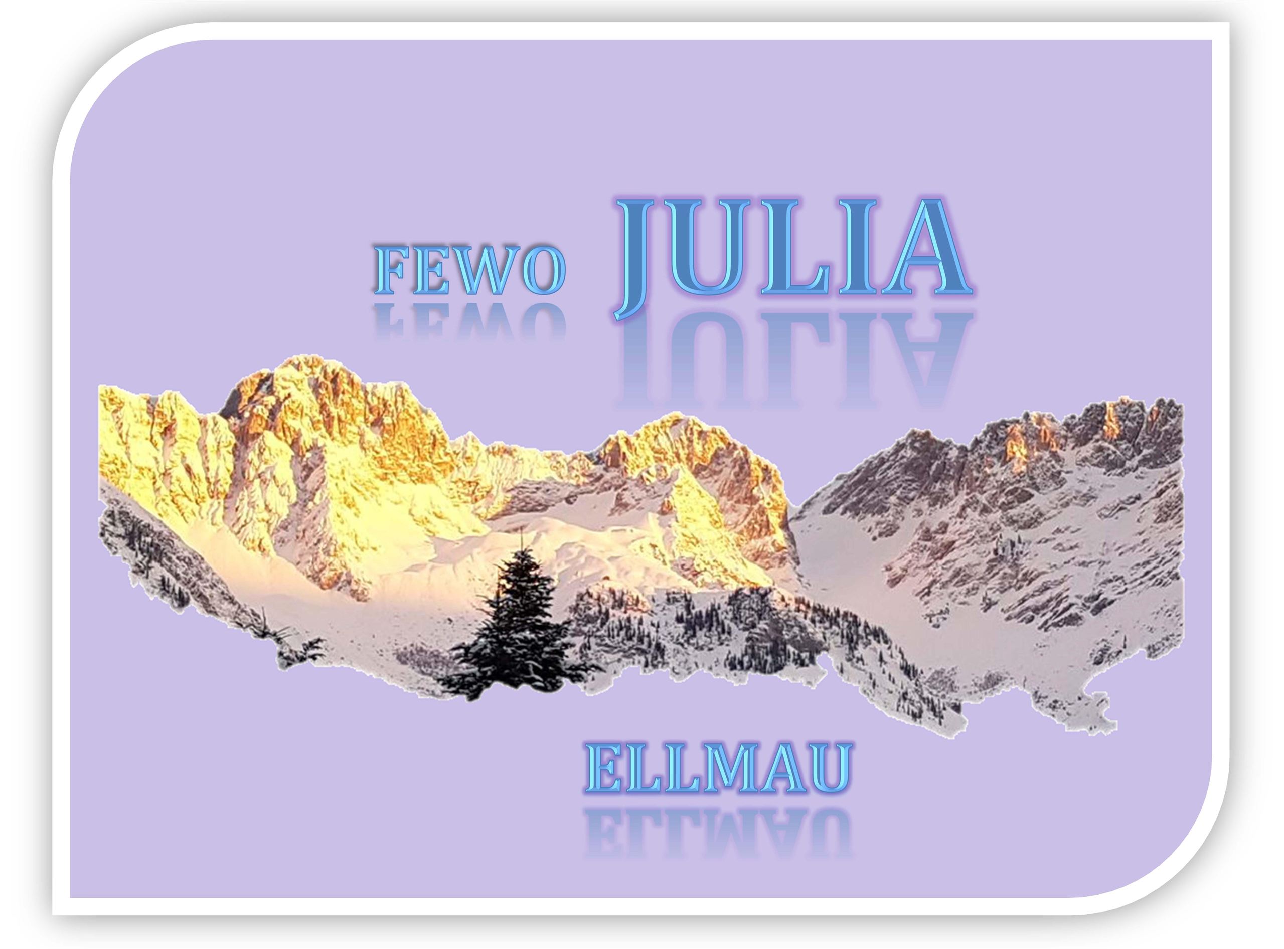 Een gestileerde weergave van bergen met besneeuwde toppen op de achtergrond. Daarop staan de woorden "Fewo Julia Ellmau" in felgekleurde lettertypen.