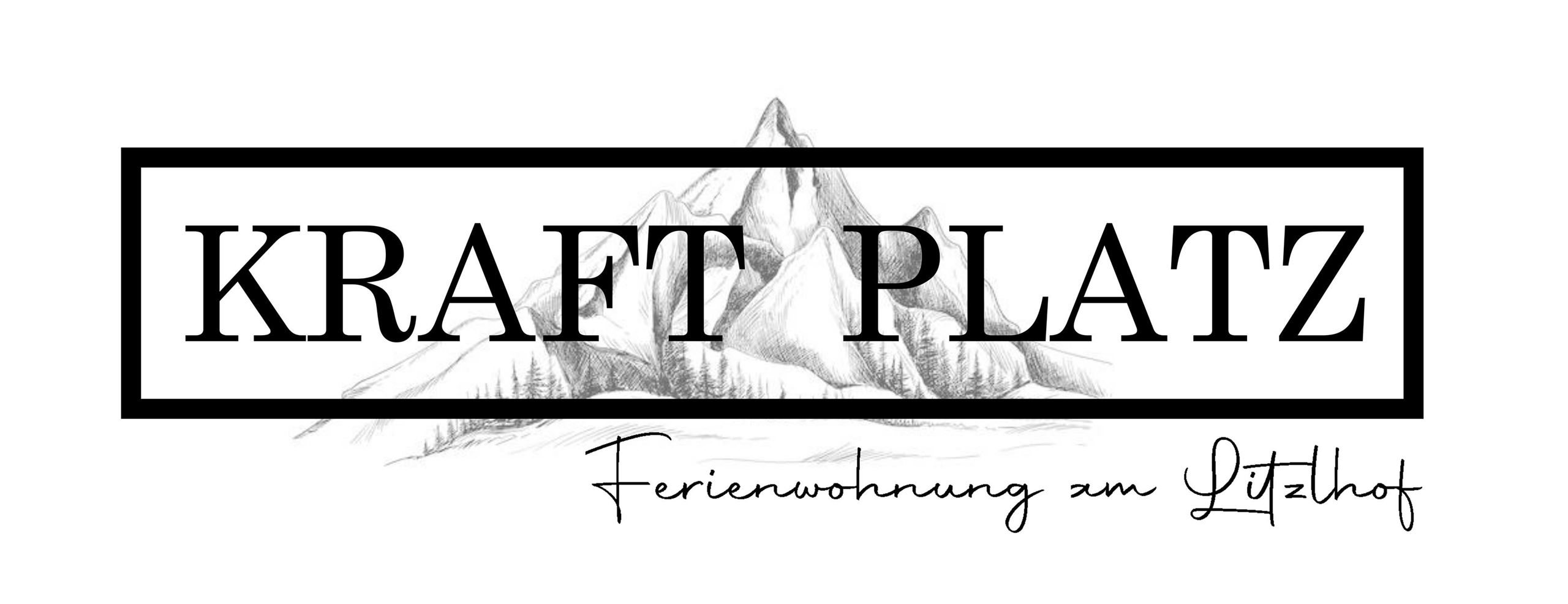 Logo zobrazuje nápis "KRAFT PLATZ" s dodatkem "Rekreační byt na Gletzhofu". V pozadí jsou zobrazeny stylizované horské motivy.