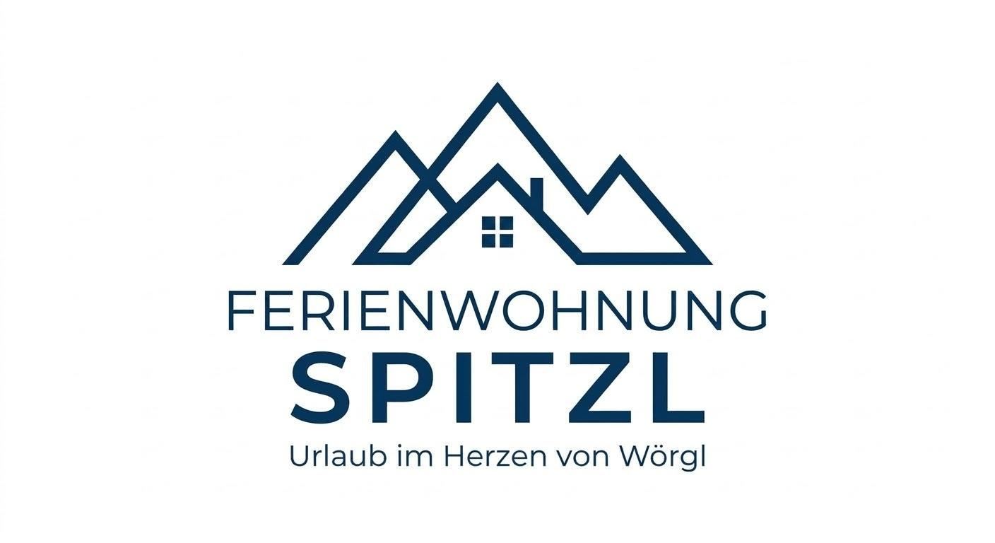 Ein Logo für die Ferienwohnung Spitzl. Es zeigt stilisierte Berge und betont Urlaub im Herzen von Wörgl.