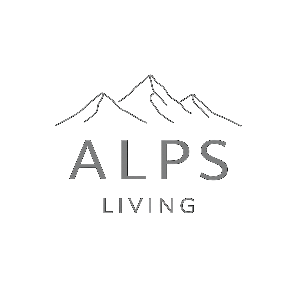 A high-quality logo featuring the mountains of the Alps. The inscription "ALPS LIVING" is designed in a clear and modern way.