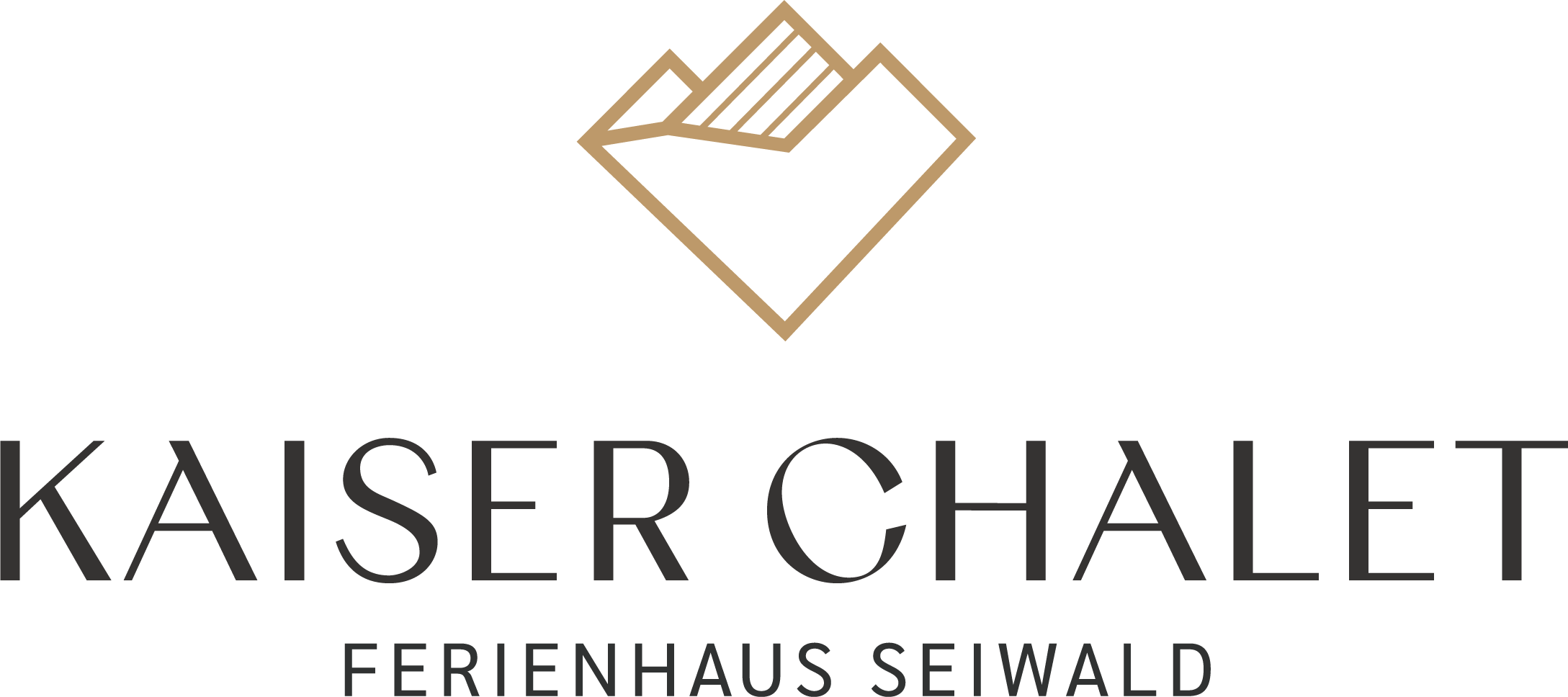 Ein elegantes Logo für das Kaiser Chalet Ferienhaus Seiwald. Es zeigt eine stilisierte Berglandschaft in goldenen und schwarzen Farben.