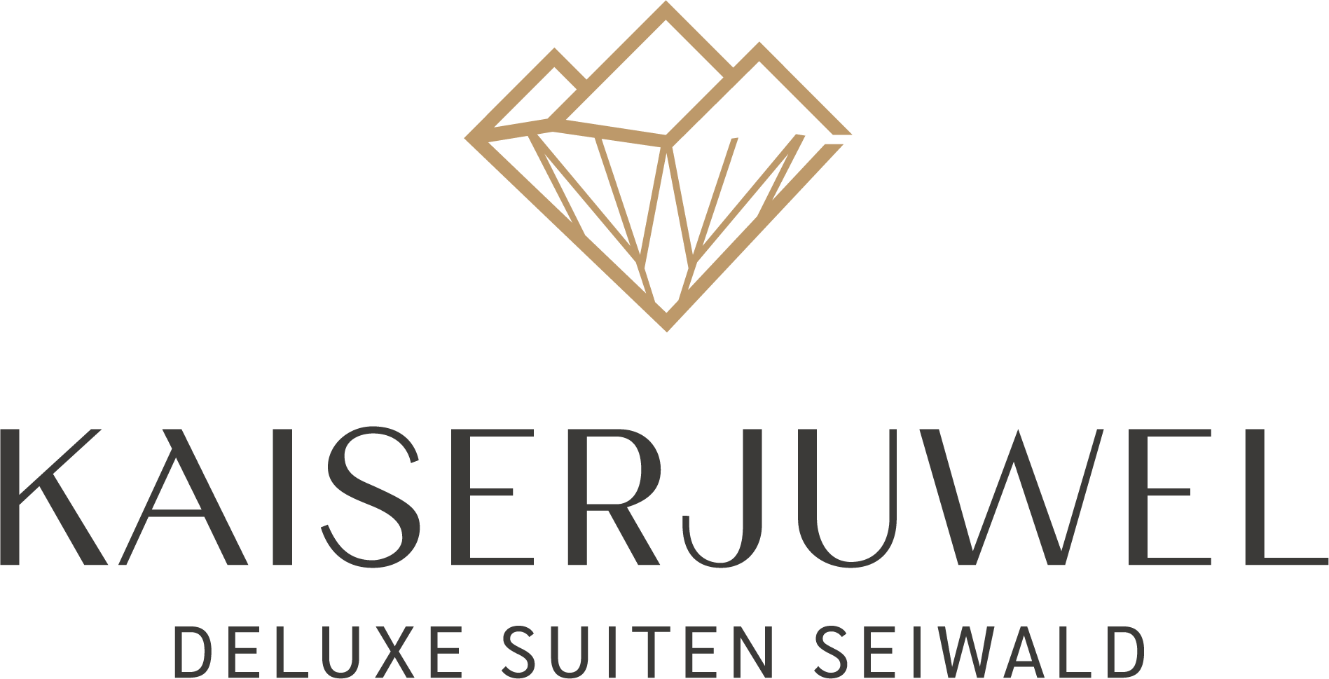 Een elegant logo voor Kaiserjuwel, Deluxe Suiten Seiwald. Het toont een gestileerde diamantvorm in goud en moderne lettertypen.