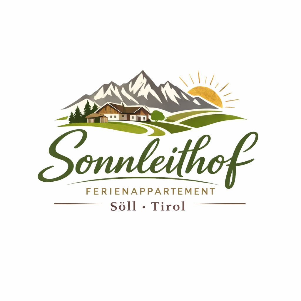 Ein Logo des Ferienappartements Sonnleithof in Söll, Tirol. Es zeigt eine malerische Landschaft mit Bergen, einem Bauernhaus und einer aufgehenden Sonne.
