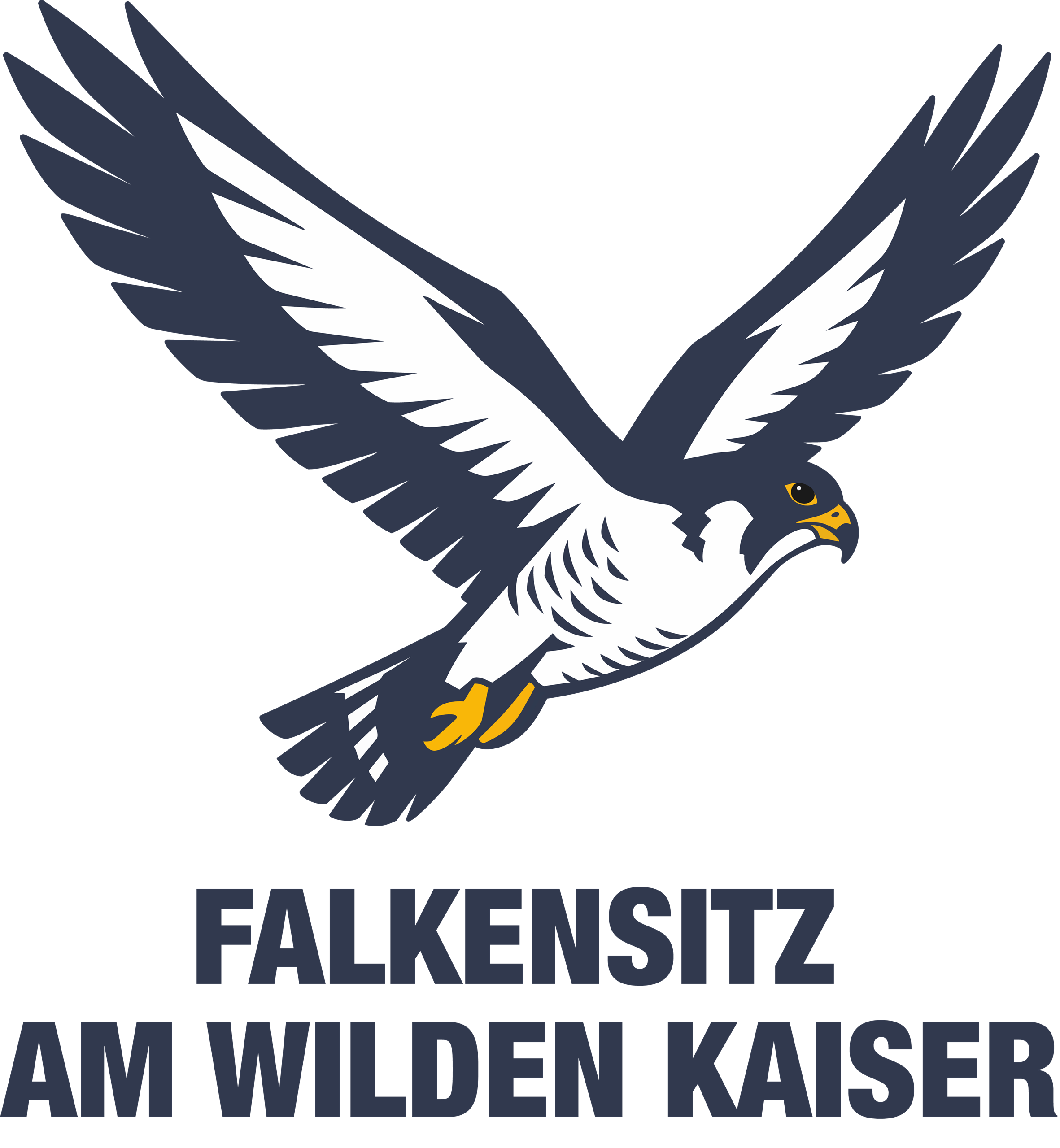 Ein stilisierter Falke fliegt mit ausgebreiteten Flügeln. Darunter steht der Schriftzug "Falkensitz am Wilden Kaiser".