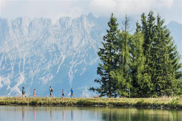 A group of people is hiking along a calm lake, surrounded by tall mountains and trees. The sky is clear and the landscape is picturesque.