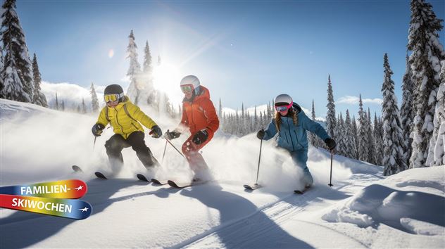 Drei Skifahrer in bunter Ausrüstung fahren durch frischen Pulverschnee. Im Hintergrund leuchten die verschneiten Bäume unter einem strahlend blauen Himmel.