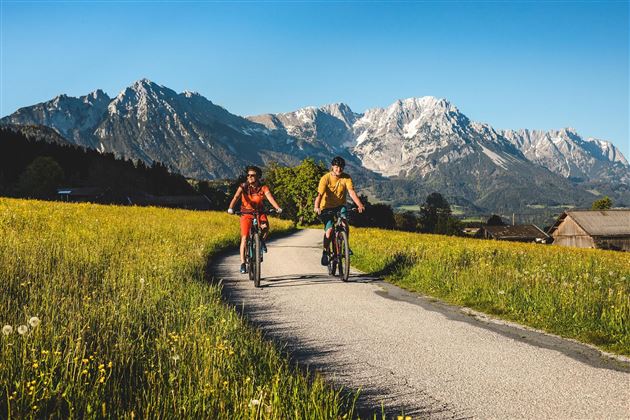 Two cyclists are riding on a path through a blooming landscape. In the background, impressive mountains can be seen.