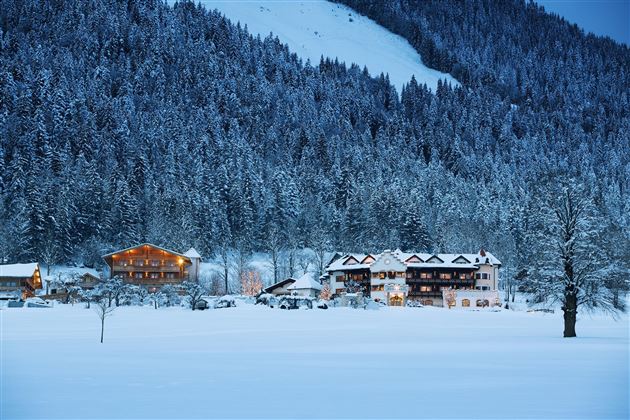 A picturesque winter landscape with snow-covered trees and friendly cottages. The lights of the houses shine in the twilight, creating a cozy atmosphere.