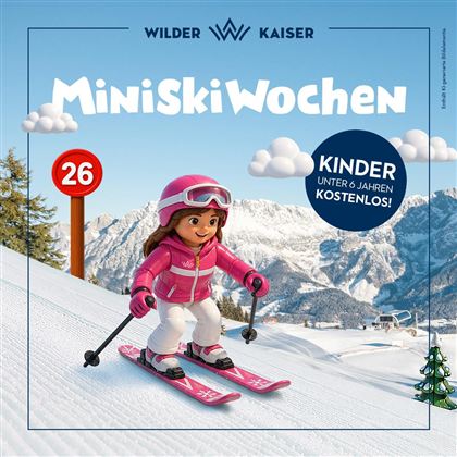 A girl on skis in pink clothing is skiing down a slope. In the background, there are snow-covered mountains and a blue sky with clouds.