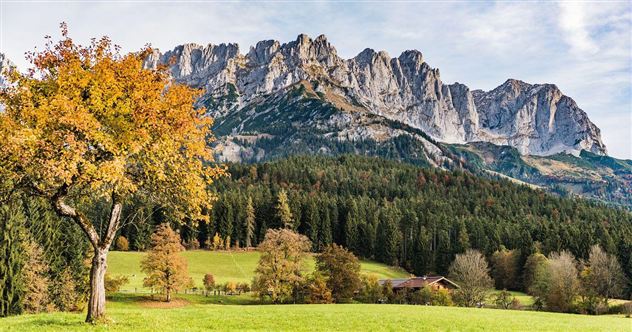 A picturesque landscape with majestic mountains and colorful autumn trees. In the foreground, there is a green meadow and a small house.