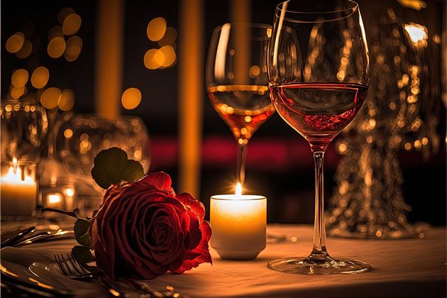 A romantic table with two wine glasses, a red rose, and a burning candle. The soft lighting creates a cozy atmosphere.