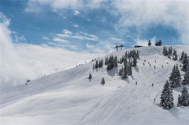 A snow-covered mountain landscape with skiers and pine trees. The sky is mostly blue with some clouds.